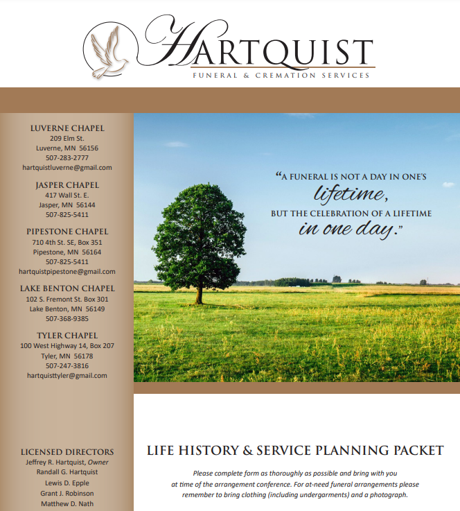 Online Preplanning Form Hartquist Funeral & Cremation Services