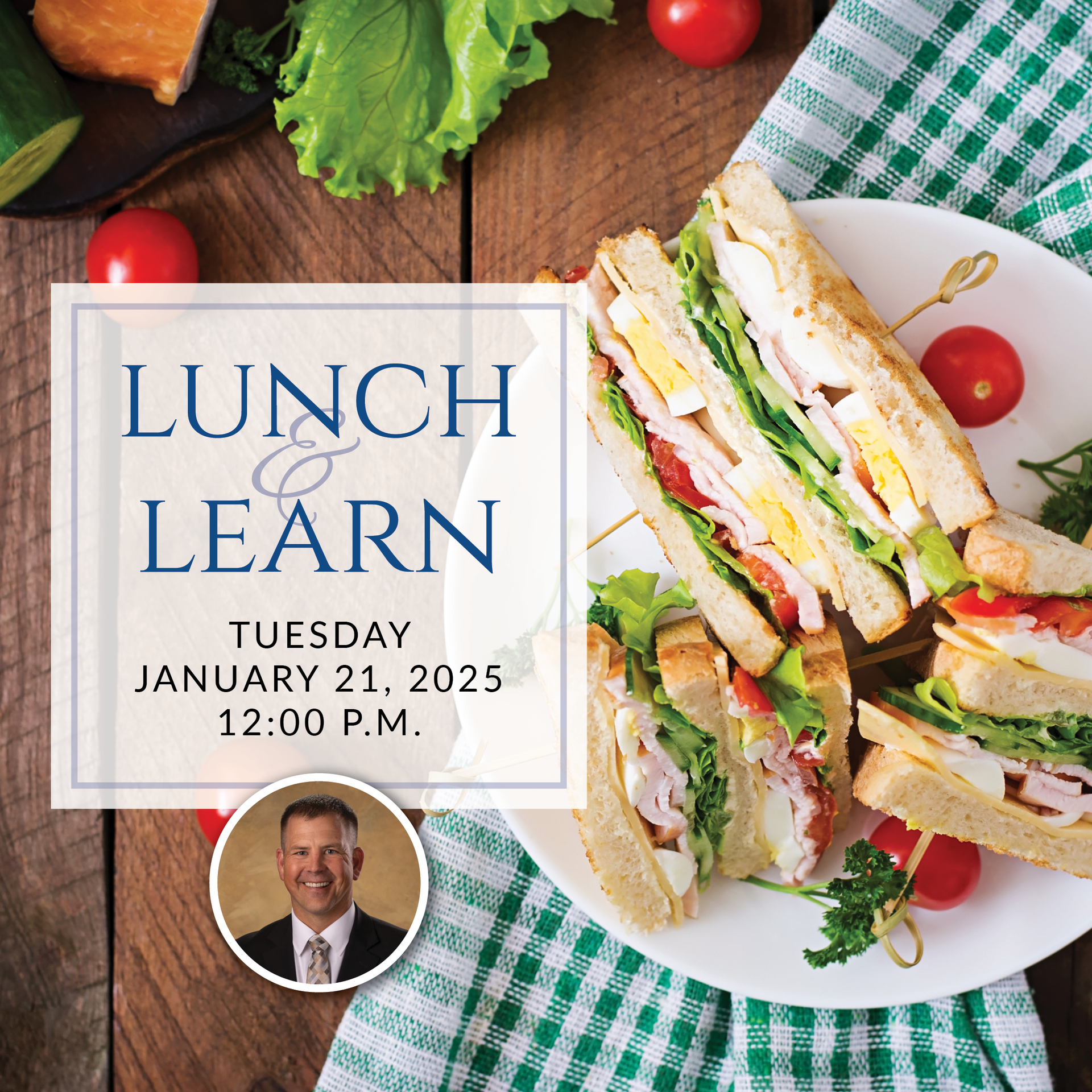 a plate of sandwiches on a table with the words lunch & learn on it