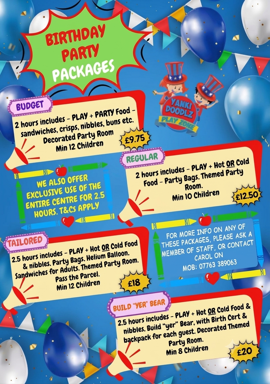 Birthday party package flyer with colorful balloons, bunting, and multiple pricing boxes for kids' party options