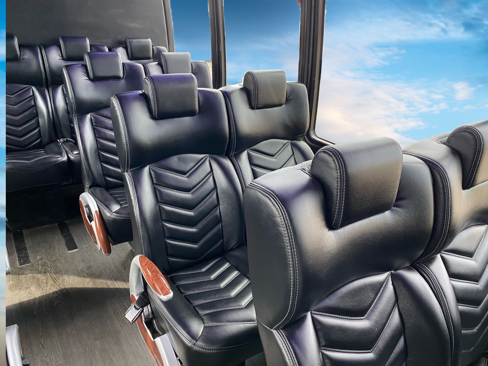 a row of black leather seats on a bus with a blue sky in the background .