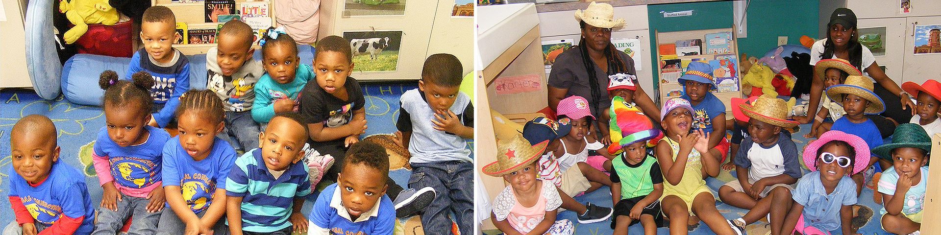 Children in a classroom sitting with teachers, some wearing hats.