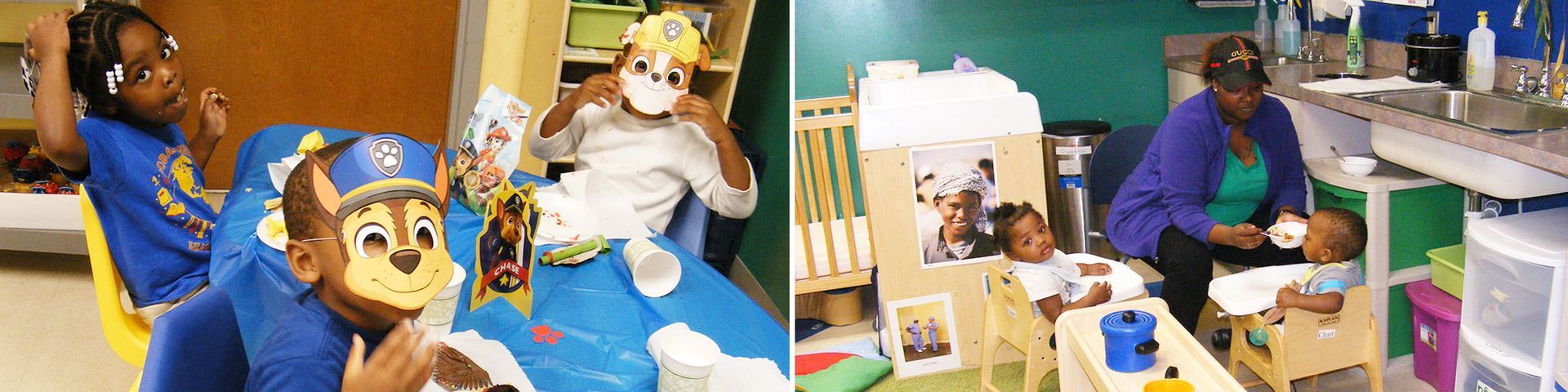 Children playing with masks and a caregiver assisting a baby in a childcare setting.