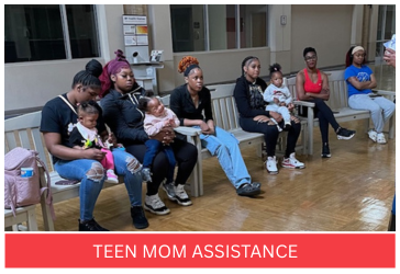 Teen mothers with babies sitting on benches inside a building, possibly a clinic or waiting area.