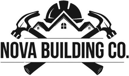 Logo for Nova Building Co. featuring a house silhouette between crossed hammers, topped with a hard hat and text: 