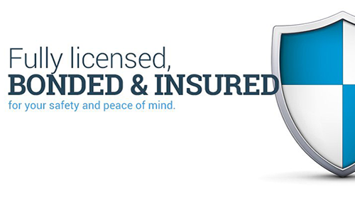 A blue and white shield with the words `` fully licensed , bonded and insured for your safety and peace of mind ''.