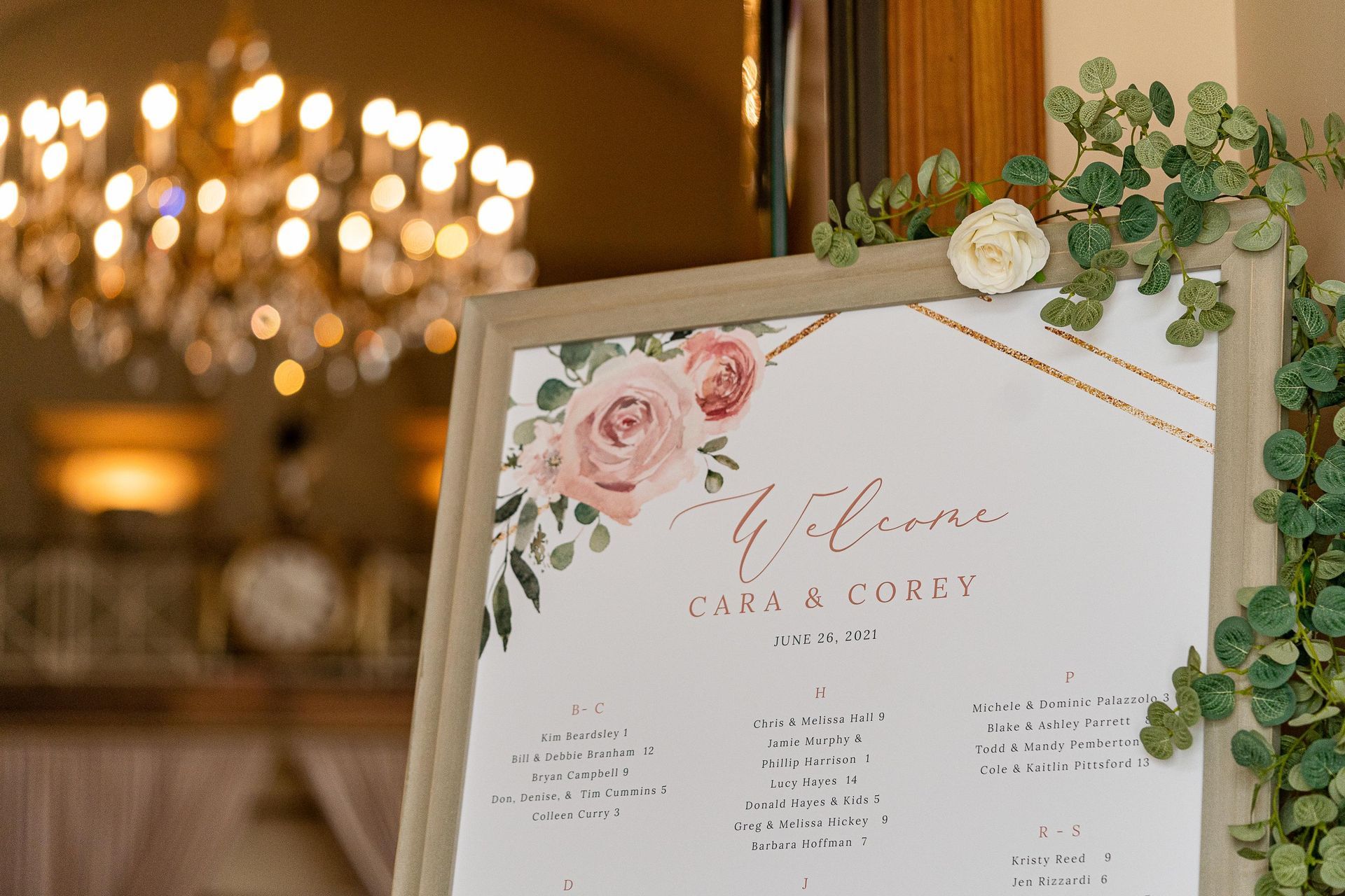 Wedding seating chart with floral accents; names 