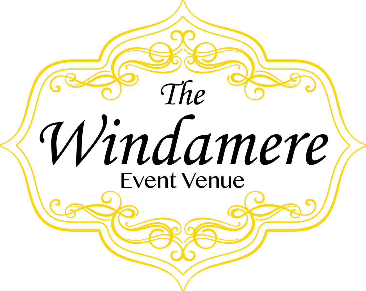 Logo for The Windamere Event Venue, featuring ornate yellow border with black text.