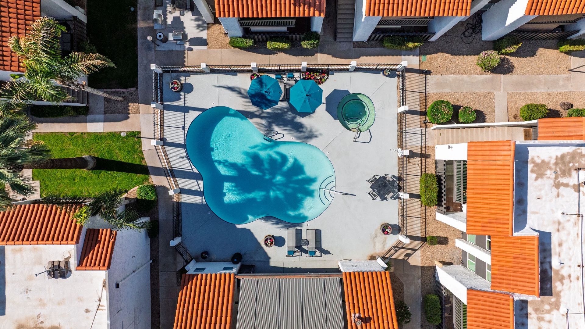 Aerial view of a swimming pool surrounded by buildings with orange tiled roofs; blue umbrellas and a palm tree shadow.