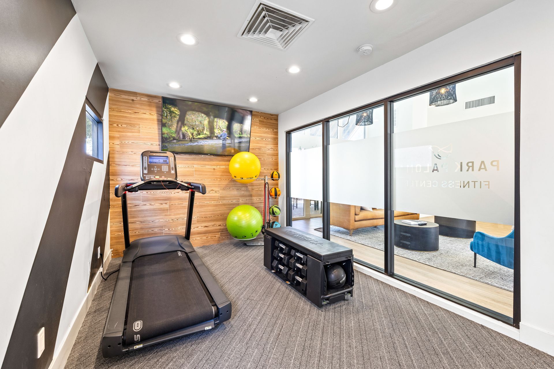 Gym with treadmill, weights, and exercise balls. Large windows reveal a waiting area.