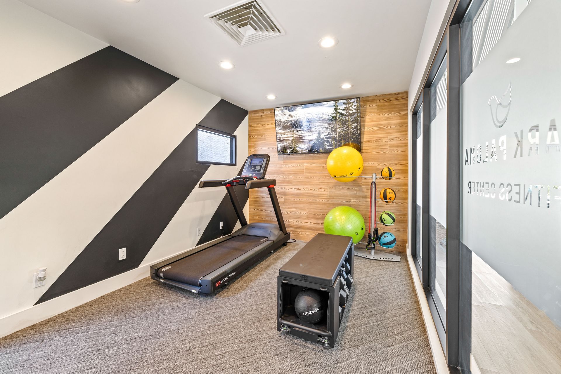 Home gym with treadmill, weights, exercise balls, and a TV. Black and white striped wall.
