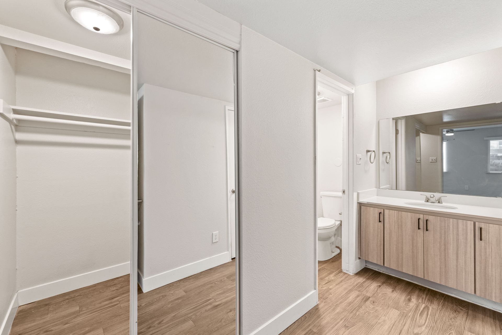 Bathroom with light wood cabinets, large mirror, and open closet.