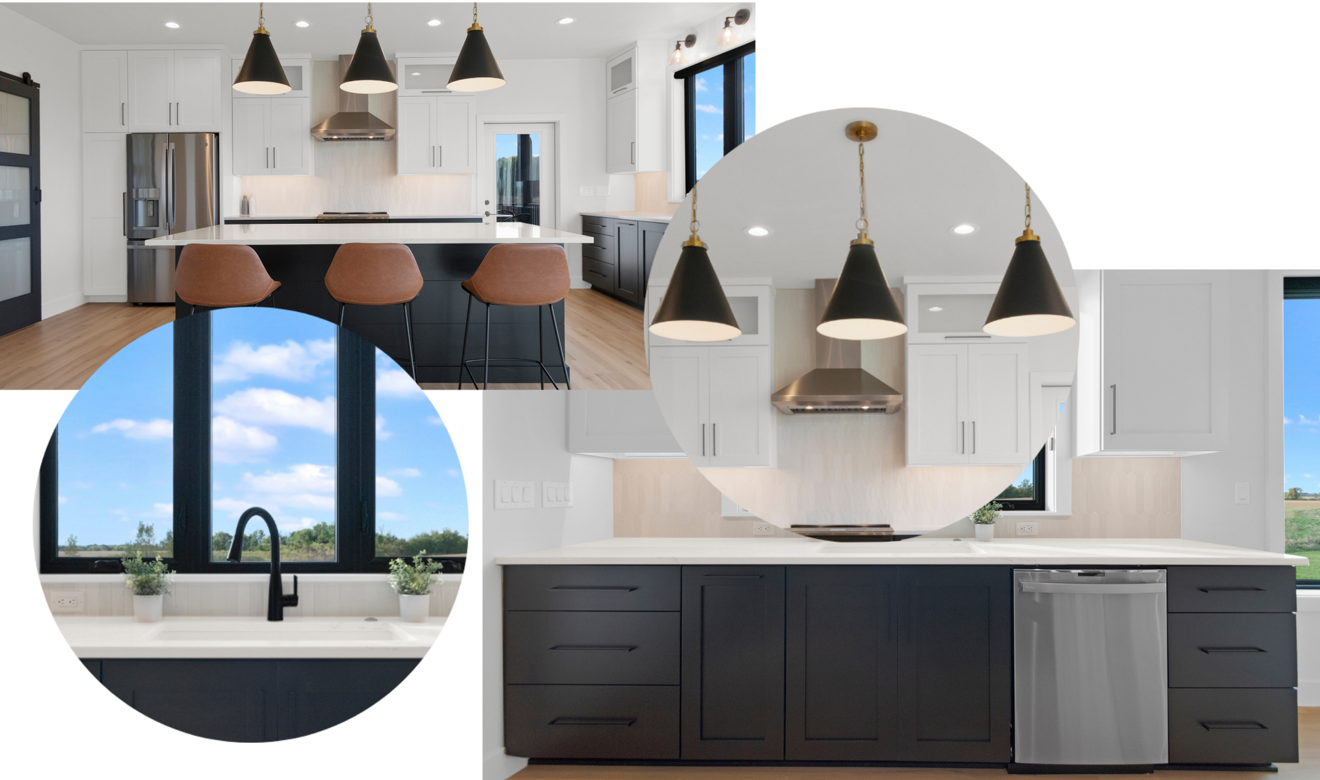 A collage of pictures of a kitchen with white cabinets and black cabinets