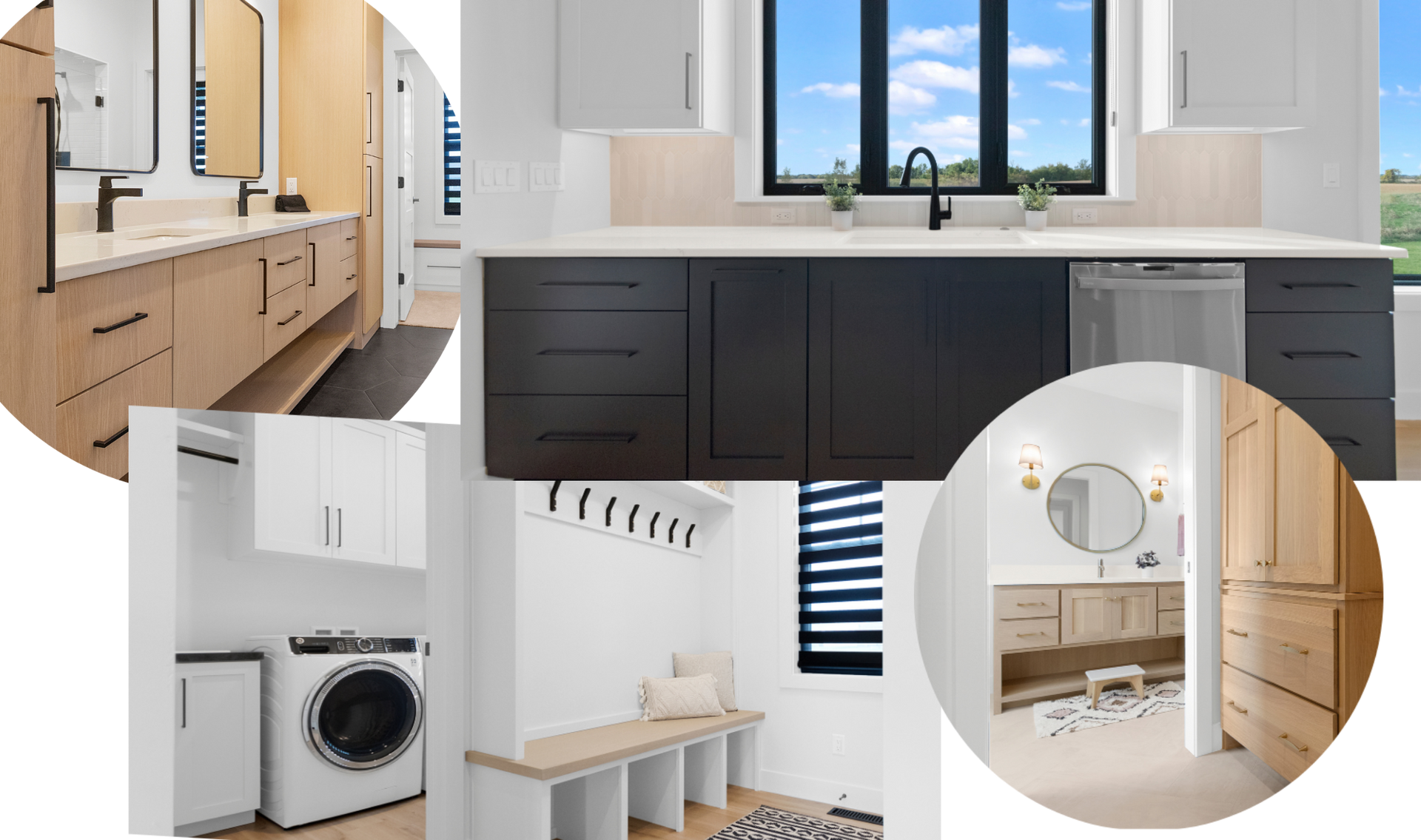 A collage of pictures of a kitchen , laundry room , and bathroom.