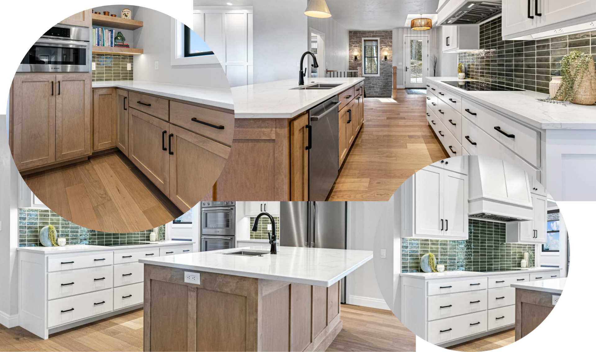 A collage of pictures of a kitchen with wooden cabinets and white counter tops.