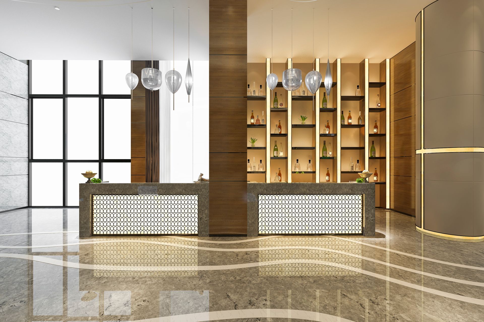 A modern lobby with a marble floor and a reception desk.