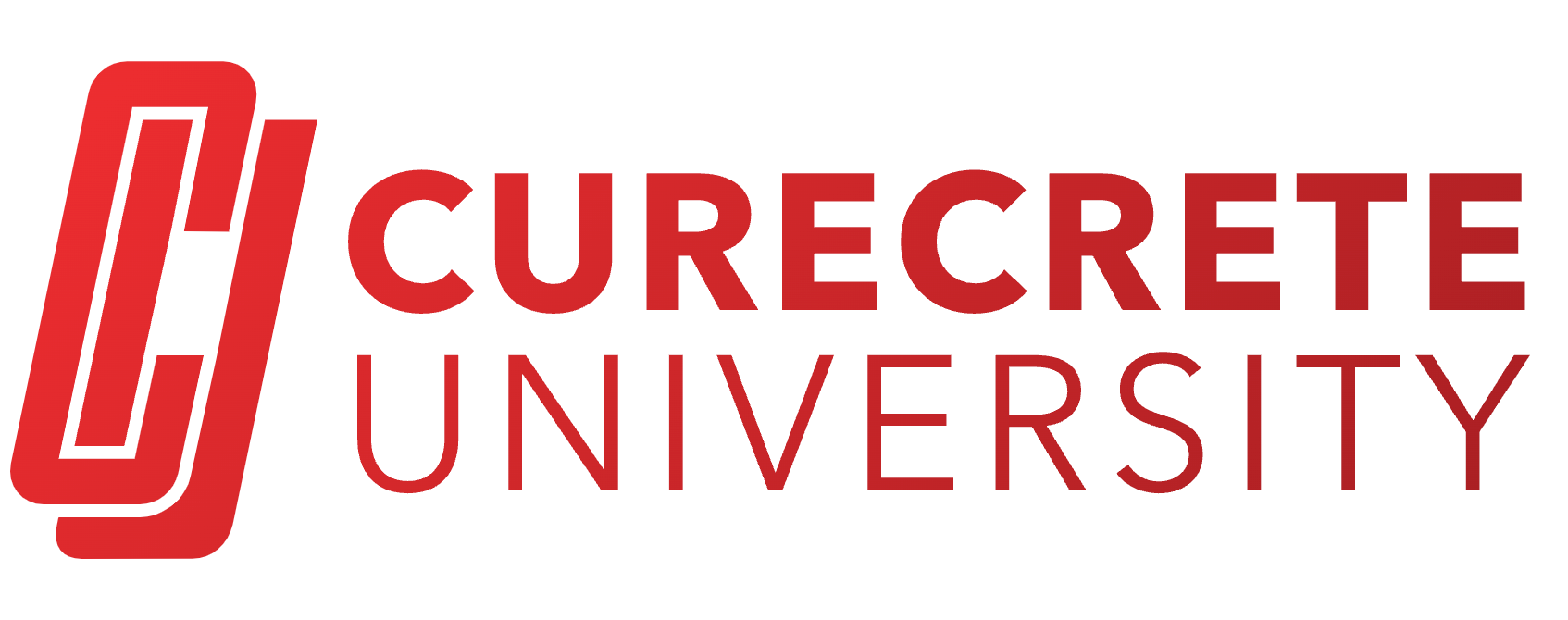 The logo for curecrete university is red and white.