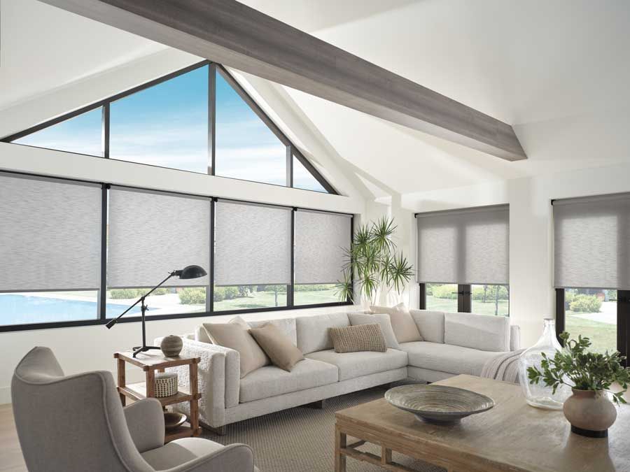 Hunter Douglas roller shades on large windows with black trim, also covering french doors in this living room