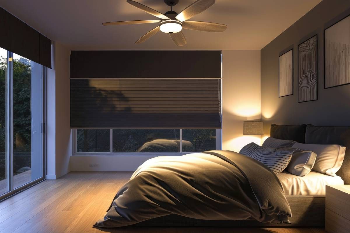 A bedroom space with blackout shades on a window and sliding glass door near Bedford and Dartmouth, Nova Scotia (NS)