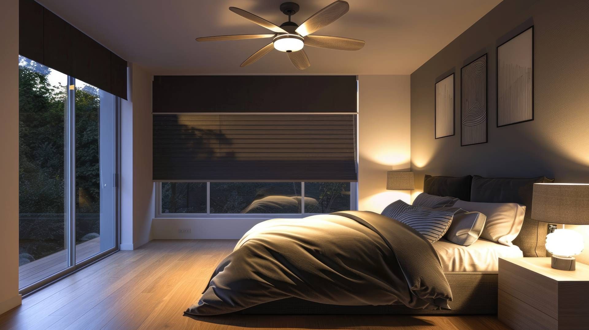 A bedroom space with blackout shades on a window and sliding glass door near Bedford and Dartmouth, 