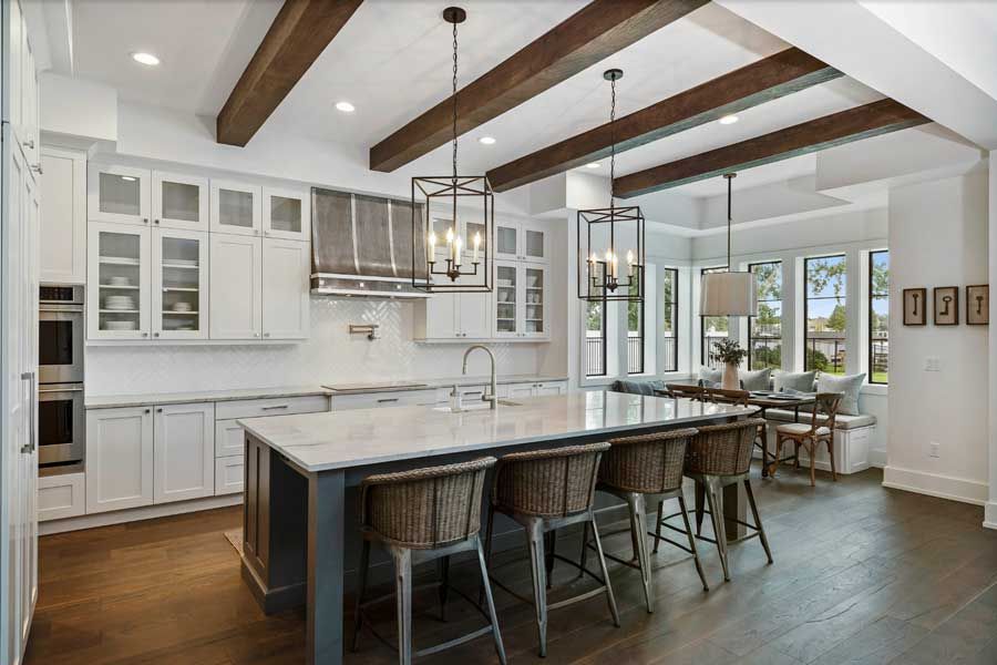 wooden beams on the ceiling of a  contemporary kitchen