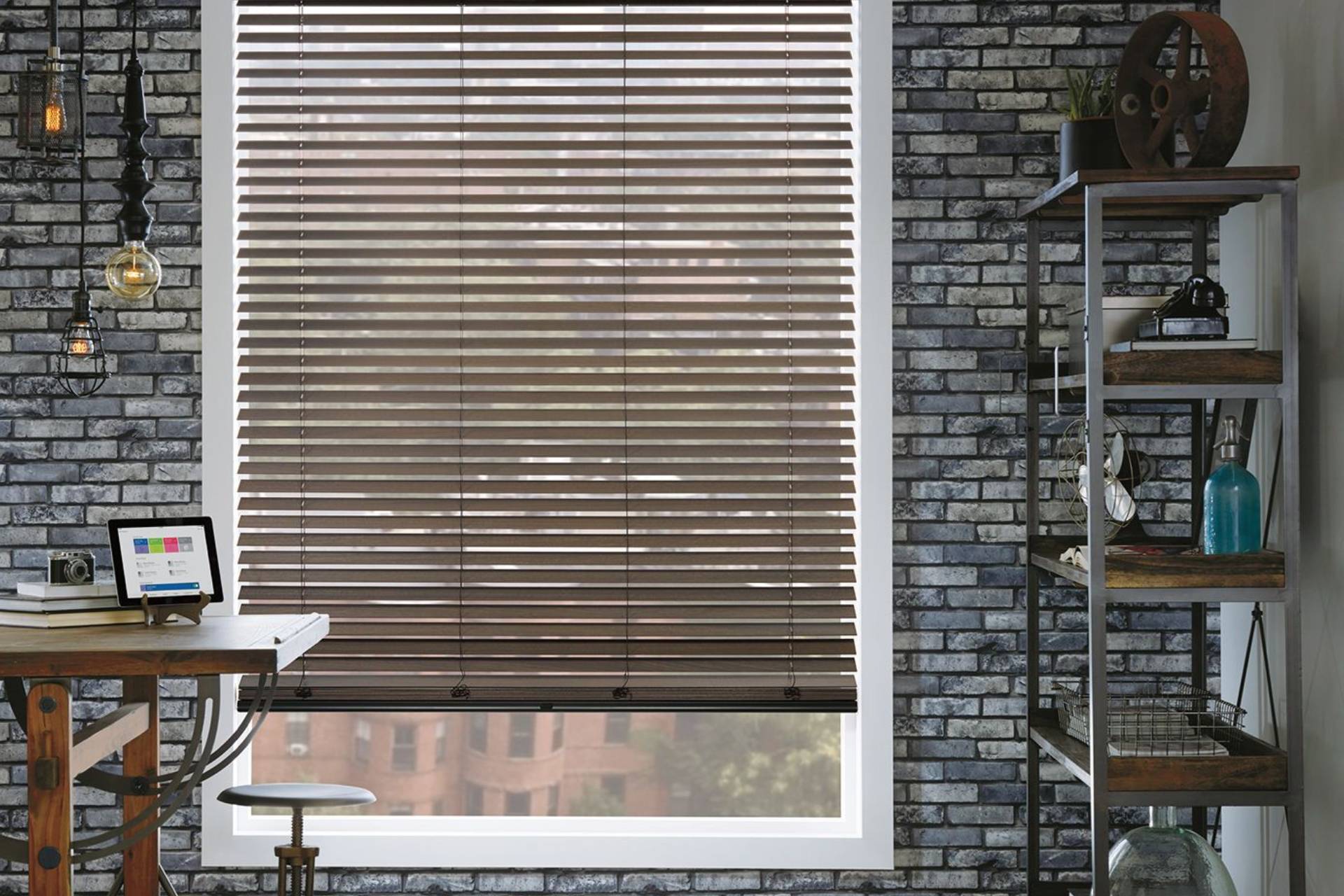 dark wood blinds on window in Nova Scotia