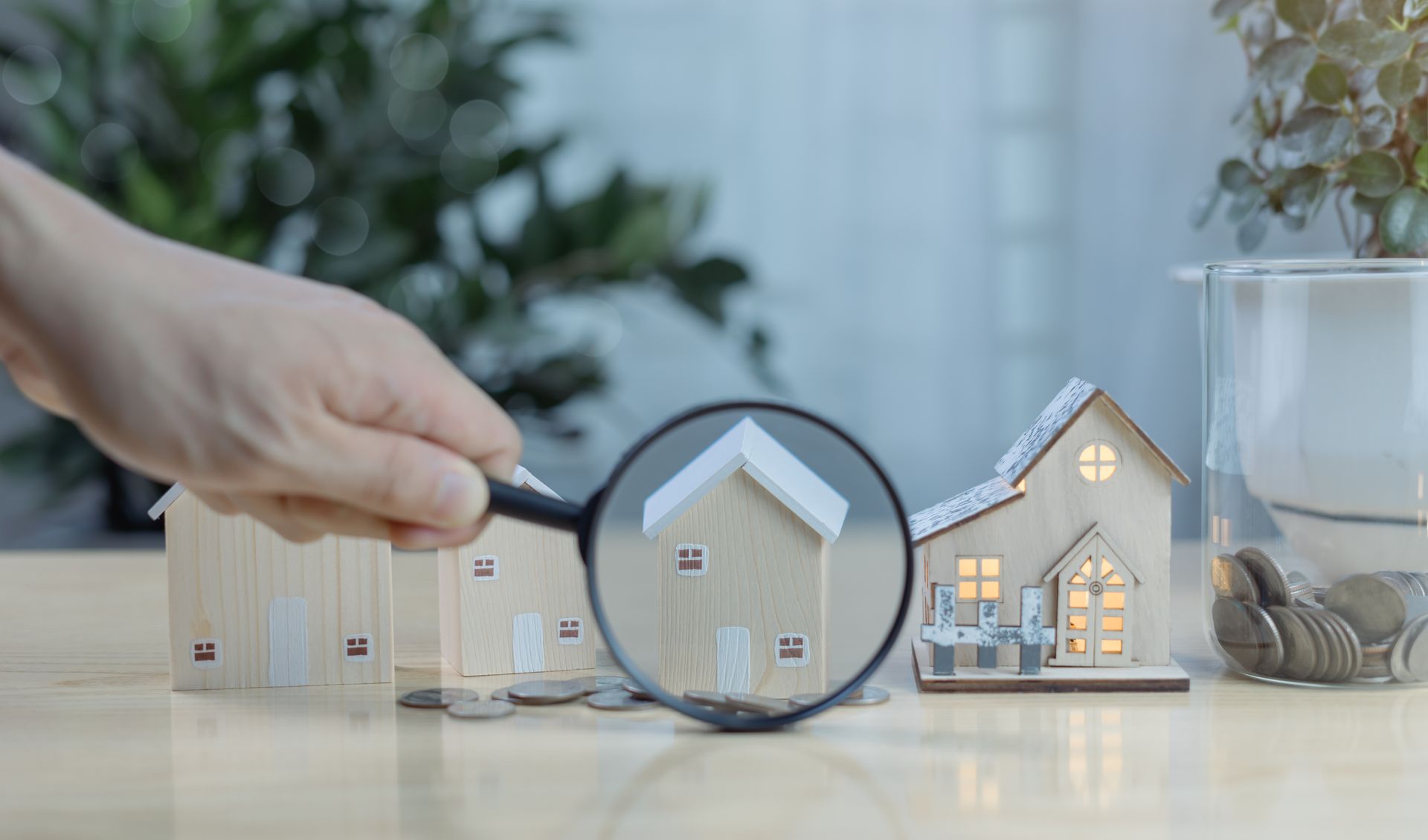 Hand holding magnifying glass over miniature wooden houses; a jar with coins is in the background.