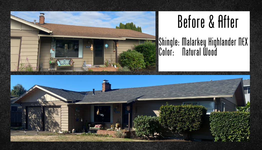 Before and after of a house. Old roof is brown. New roof is dark gray.