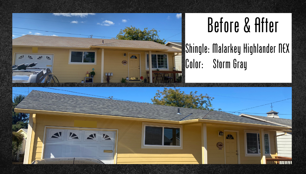 Before and after of a house with a new dark gray roof and light yellow paint.