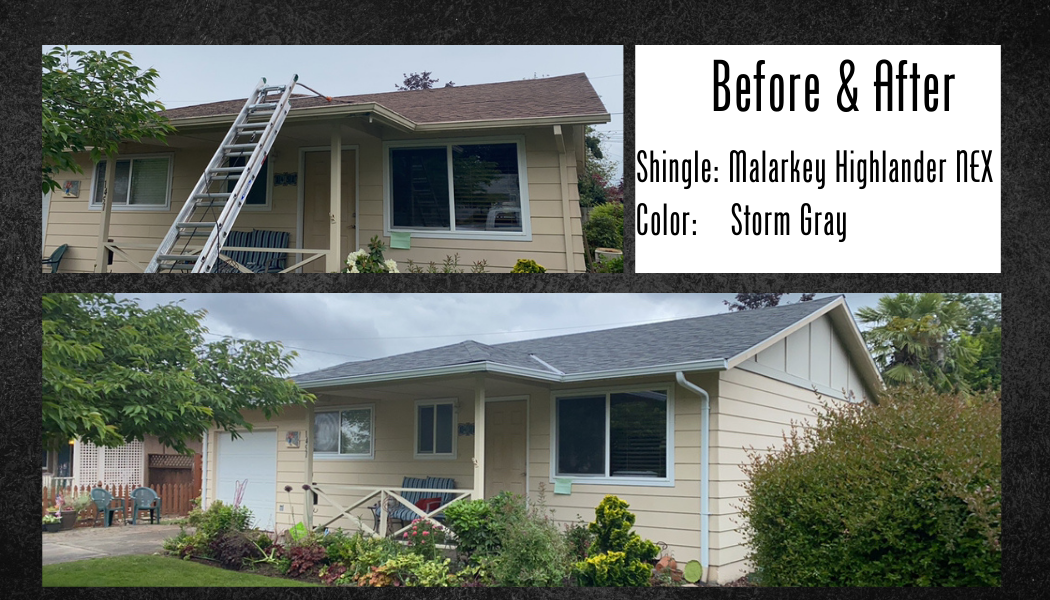 Before & After: House with old brown roof replaced with new gray roof.