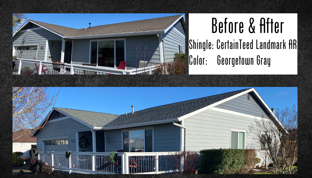 Before and after of a house with gray siding and a new gray shingle roof.