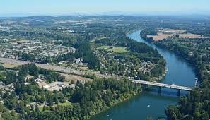 Aerial view of a river flowing through a green, forested area with a bridge and buildings visible.