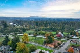 Rural landscape with autumn trees, fields, a river, houses, and a distant mountain under a cloudy sky.