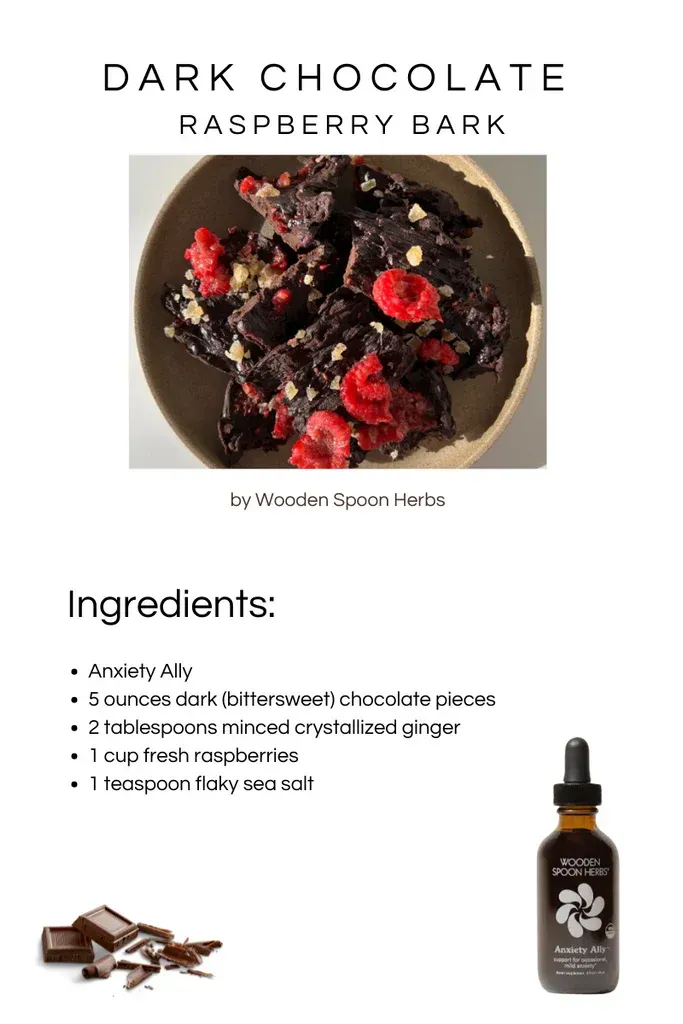A recipe for dark chocolate raspberry bark with ingredients and a picture of a bowl of chocolate bark.