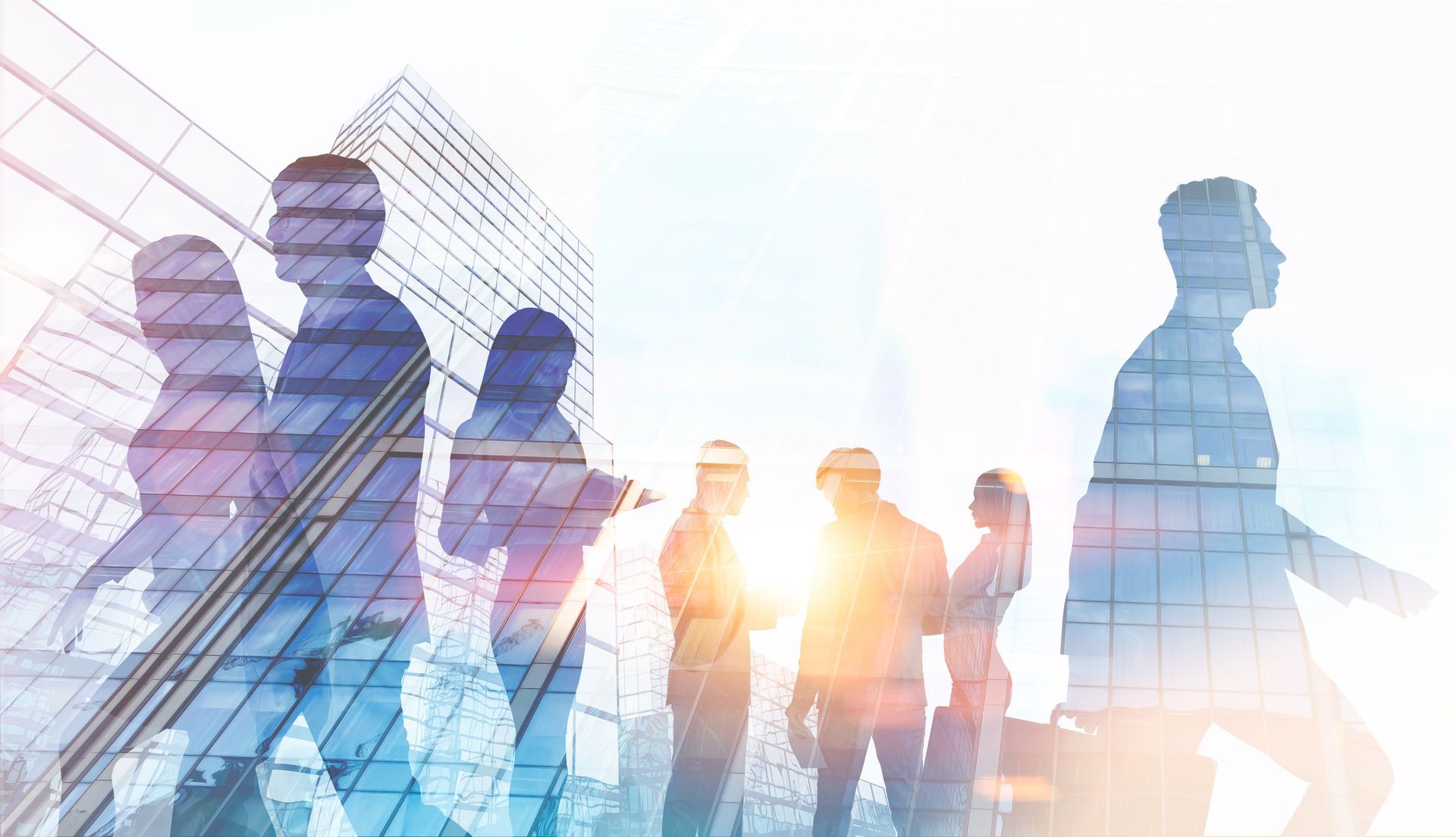 Silhouettes of professionals overlaid on a city backdrop, bathed in sunlight.