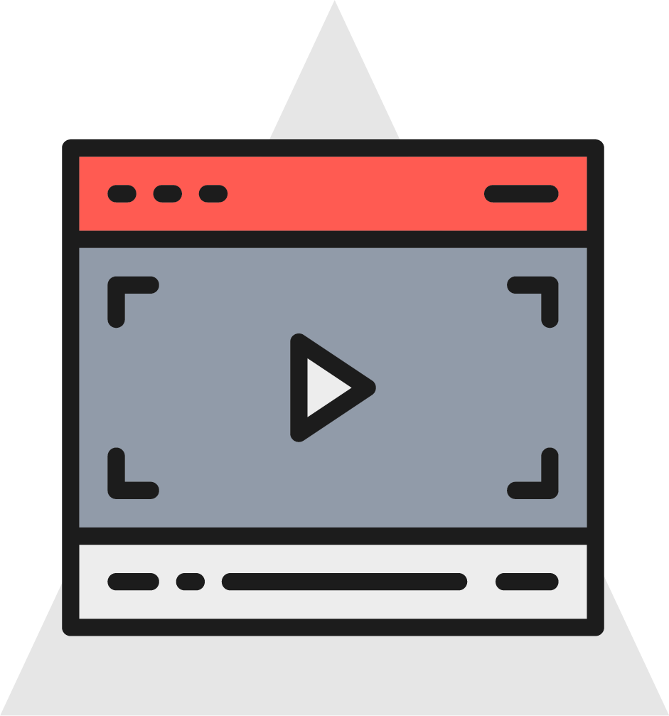 A video player icon in a triangle on a white background.