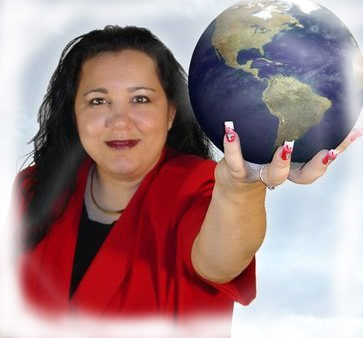 A woman in a red jacket is holding a globe in her hands