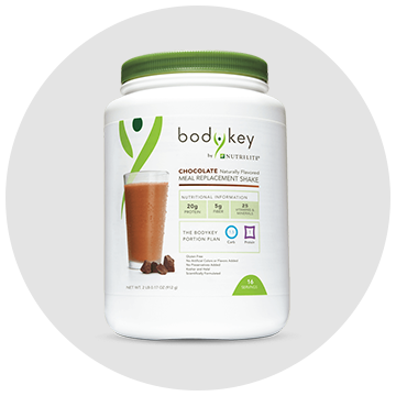 A jar of body key chocolate meal replacement shake on a white background.