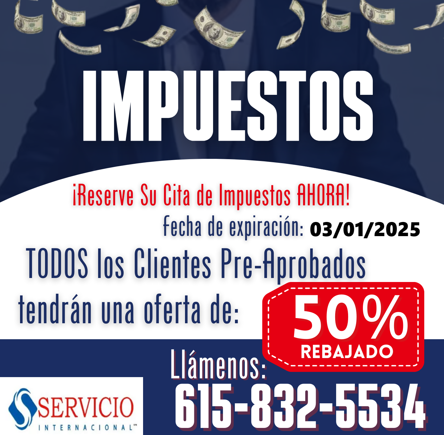 An advertisement for impuestos with a 50 % rebajado