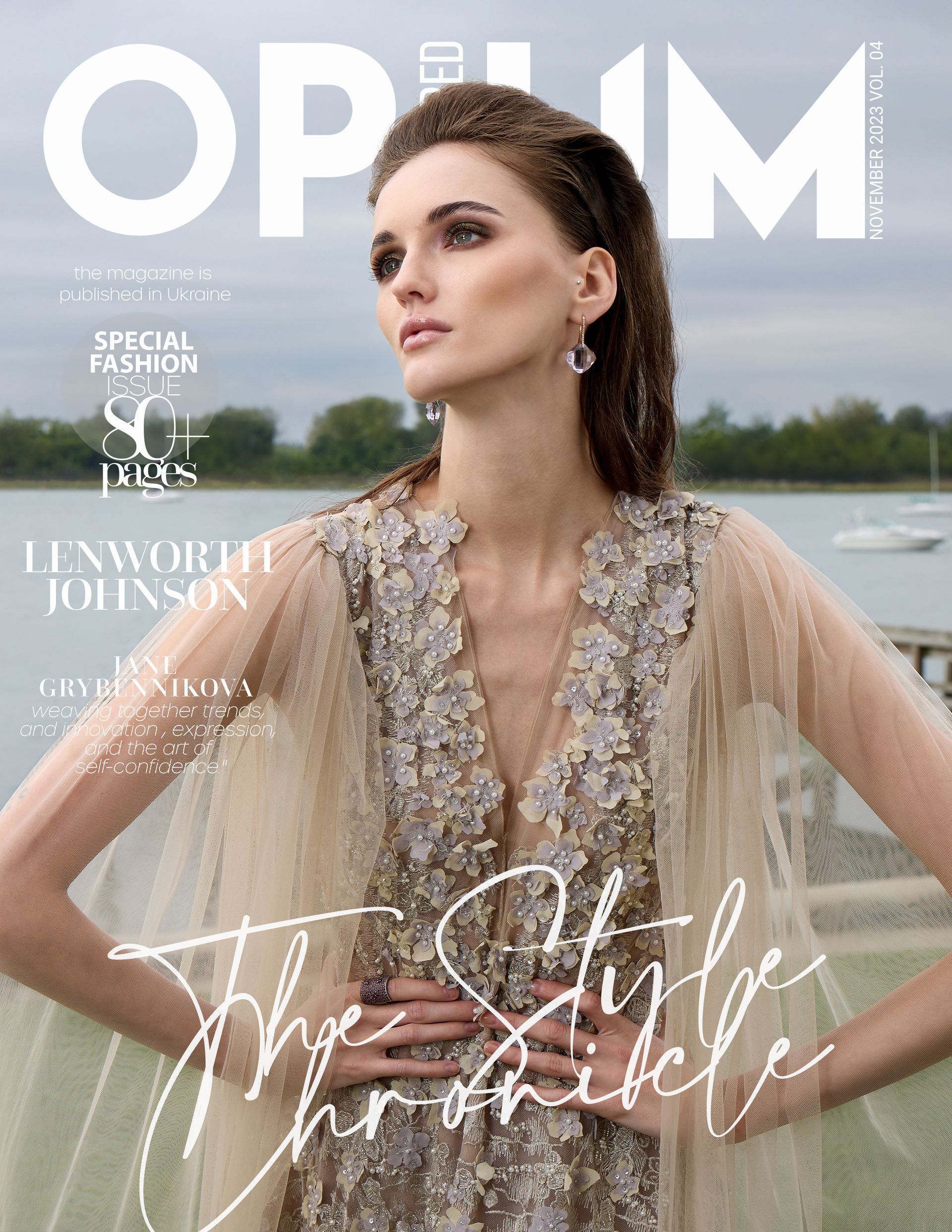 Opum red magazine cover with international top model.