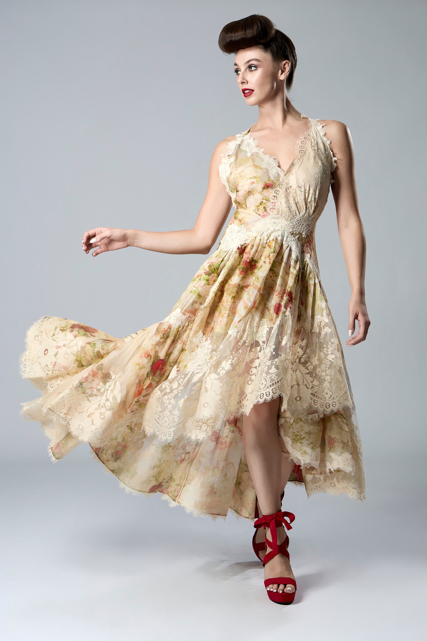 International top model wearing a elegant dress for NY Fashion week.