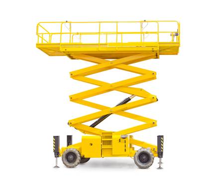 Yellow scissor lift platform with safety rails, raised in white setting.