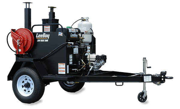 Black asphalt crack sealing machine on a trailer, white tires, red hose reel, with propane tank, against white background.