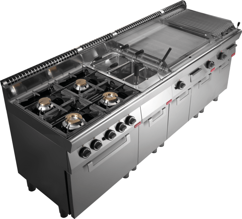 Commercial stainless steel kitchen range with burners, griddle, fryer, and storage.