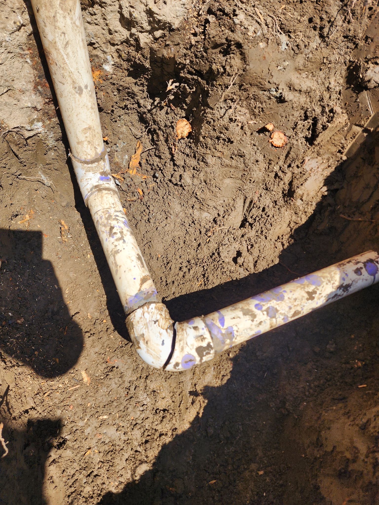 PVC pipes buried in dirt, connected by an elbow joint.