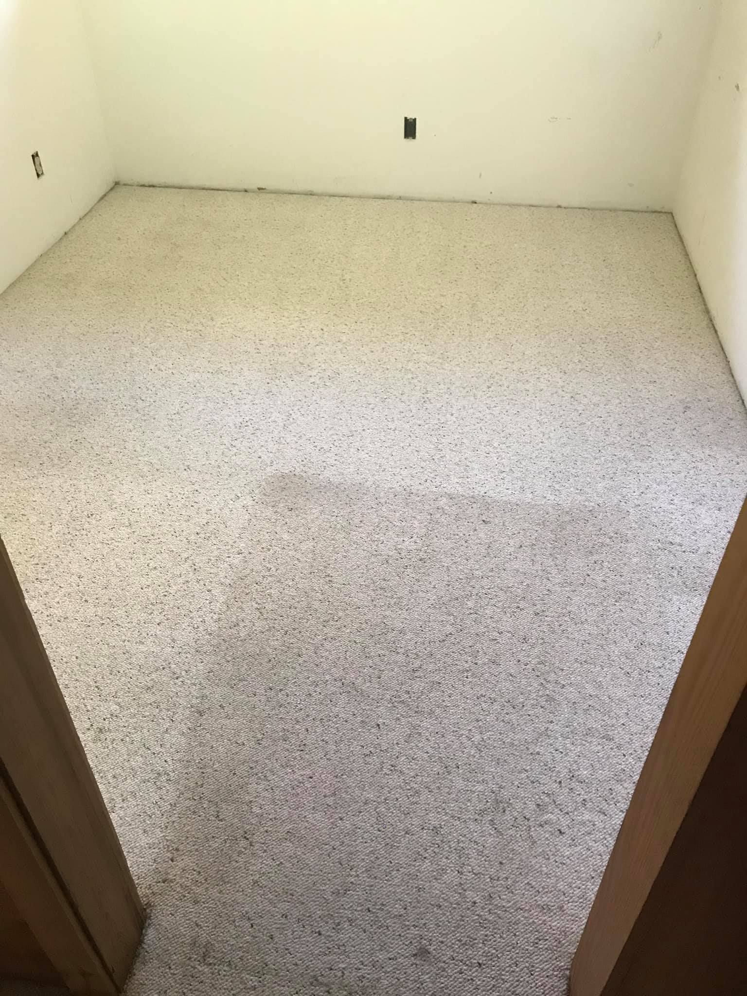 a room with a carpeted floor and white walls .