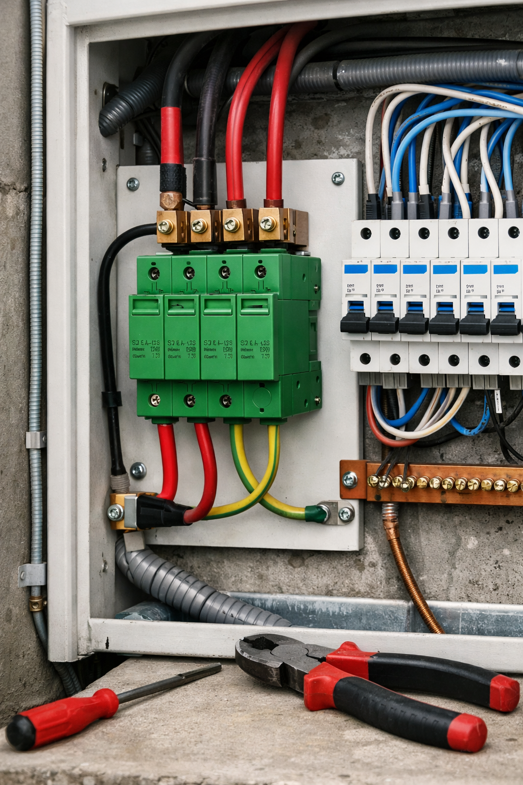 Open electrical panel with green surge protectors, circuit breakers, and tools resting on the surface below.