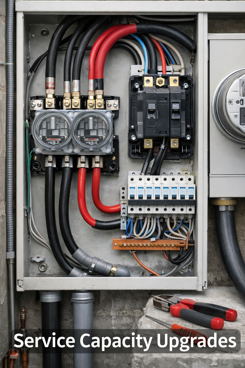 An open electrical panel with colorful wiring, circuit breakers, and tools below, labeled