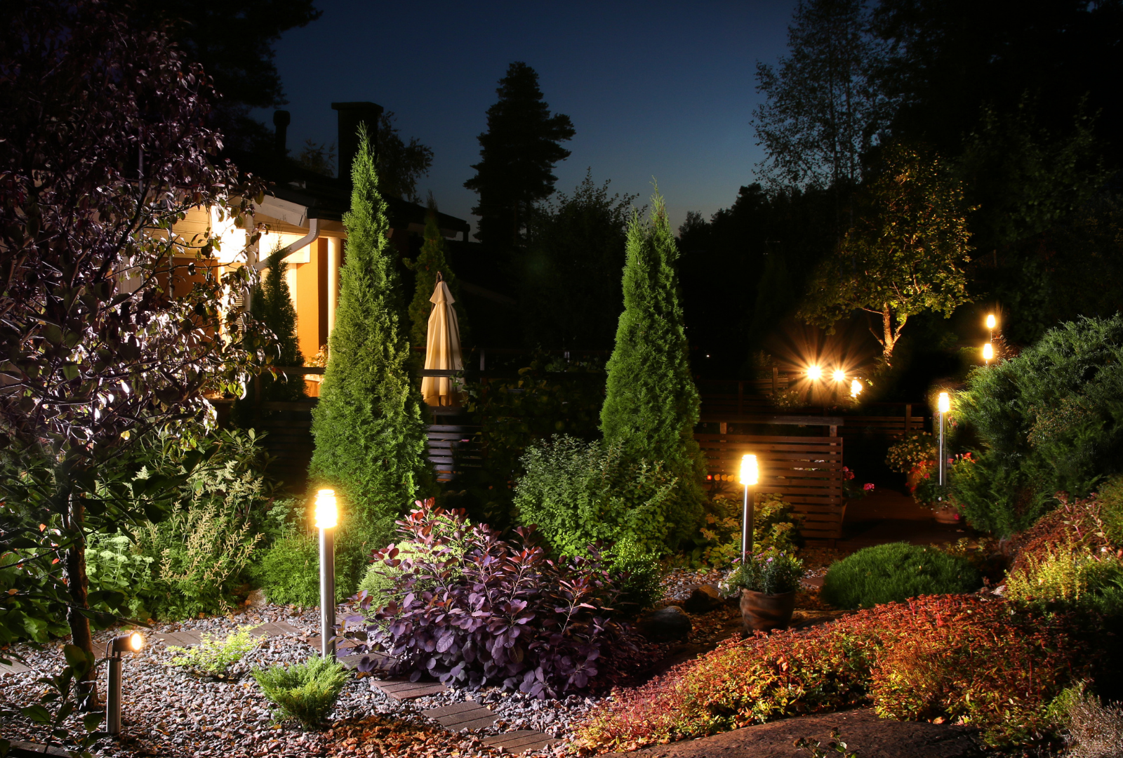 A lush garden at twilight illuminated by landscape lights, featuring tall evergreen trees, shrubs, and a gravel path.