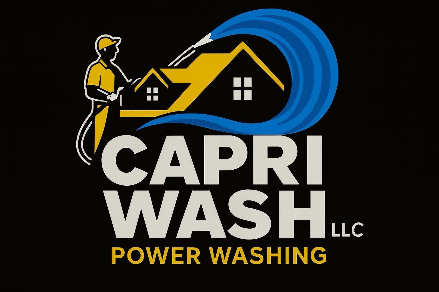 Logo for Capri Wash LLC power washing company: a worker spraying water on a house with blue and gold elements.