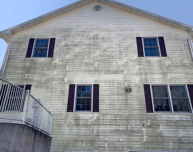 Two-story house with green algae on white siding and dark burgundy shutters.